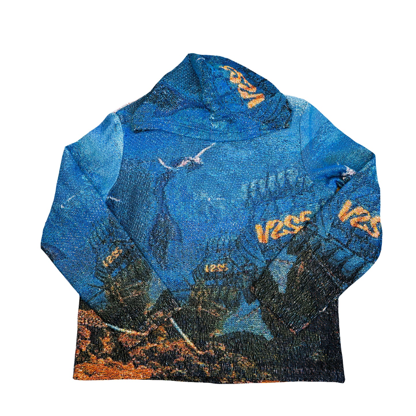 “NEW DISCOVERIES” TAPESTRY HOODIE /BLUE